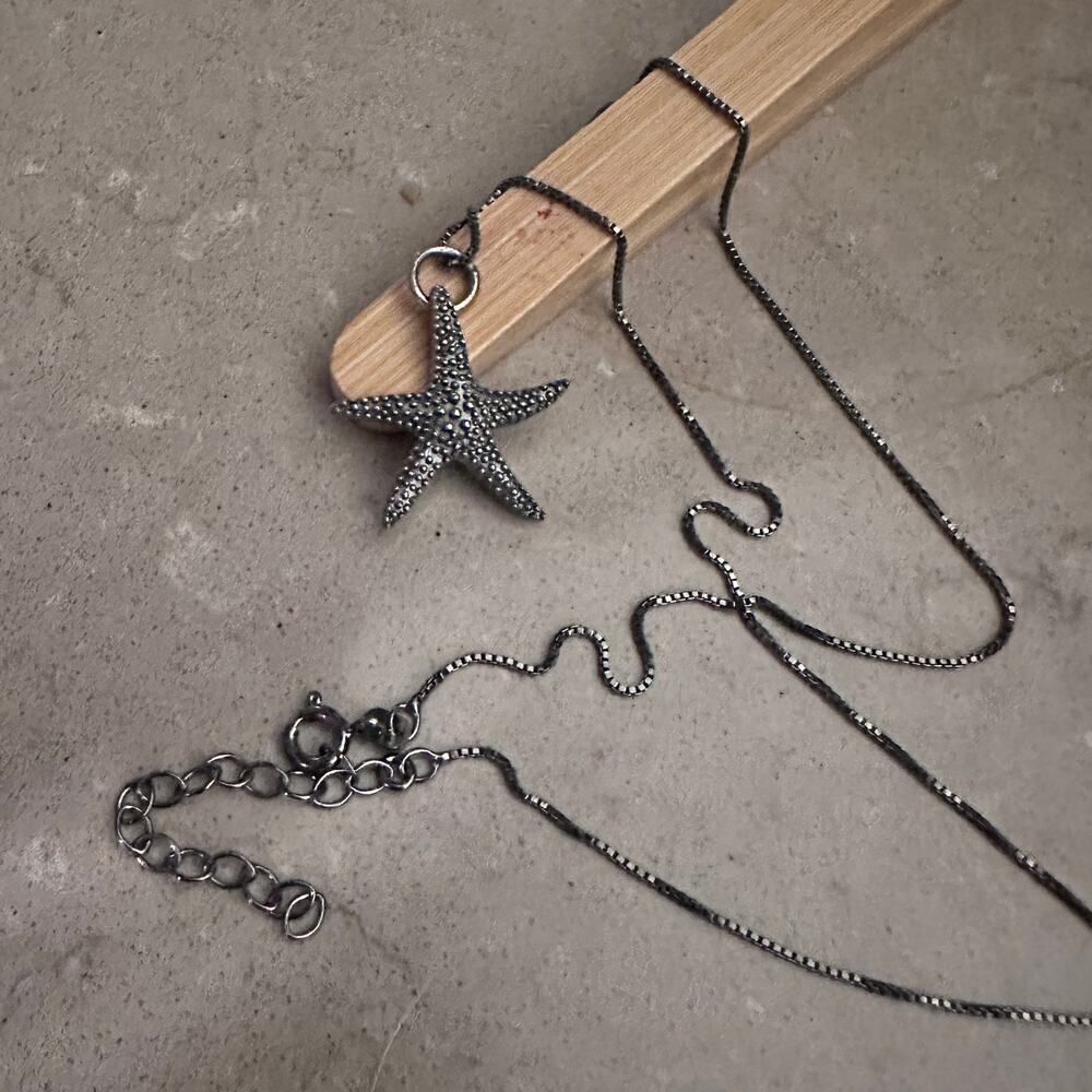 Sterling Silver Starfish Necklace, Black Rhodium Box Chain